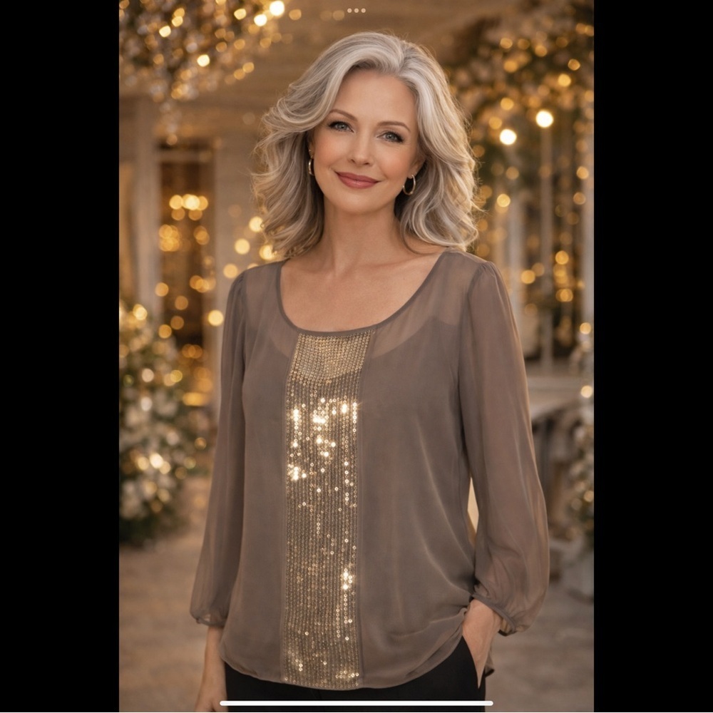 Talbots Size 12 Sheer Gray Sequin Blouse | Long Sleeve Evening Top Snap-in Shell